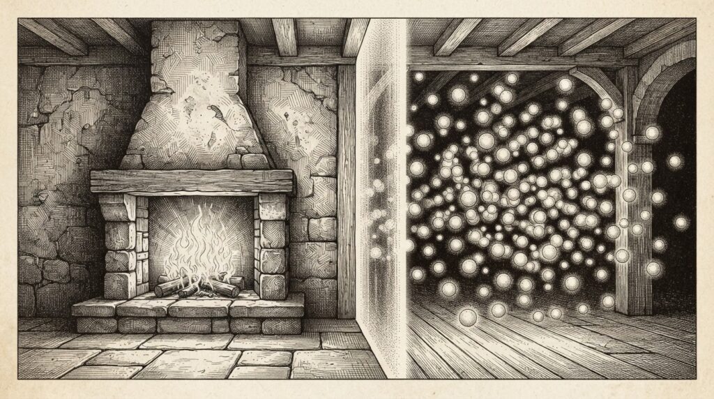 A stone hearth fireplace on the left with flames burning and a cloud of small glowing orbs floating freely on the right, divided by a vertical beam of light - the contrast between a fixed hardware anchor and distributed software ubiquity