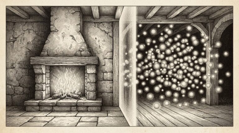 A stone hearth fireplace on the left with flames burning and a cloud of small glowing orbs floating freely on the right, divided by a vertical beam of light - the contrast between a fixed hardware anchor and distributed software ubiquity