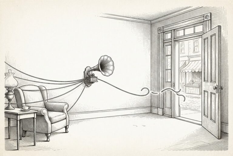Monochrome pen-and-ink engraving of an empty Victorian sitting room where fine threads run from the furniture into an ornate wall horn, while one thread toward the open door to a market street is cut and its severed ends hang in mid-air before the threshold.