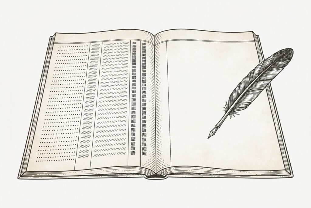An open ornate account ledger ruled into four columns, three filled with abstract hatching and stipple texture, the fourth column left completely blank and focal, with a quill pen resting across the page.
