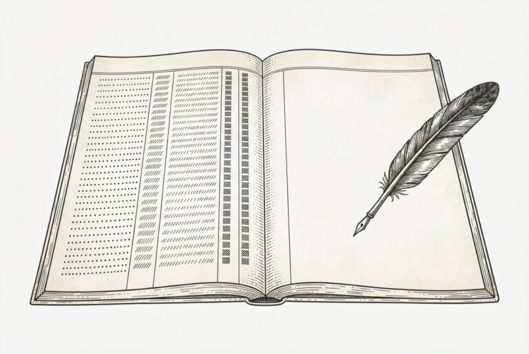 An open ornate account ledger ruled into four columns, three filled with abstract hatching and stipple texture, the fourth column left completely blank and focal, with a quill pen resting across the page.