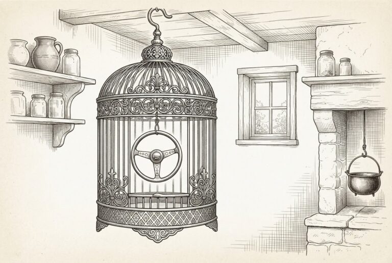 Engraved illustration of an ornate birdcage hanging in a domestic kitchen, with a steering wheel suspended inside instead of a bird.