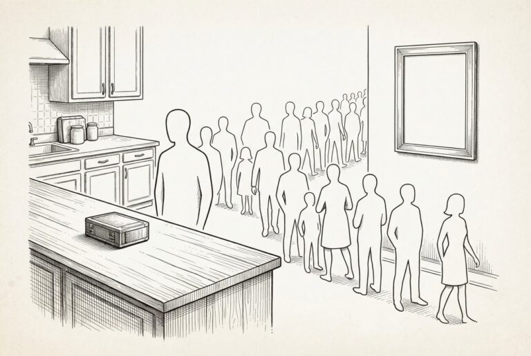 A HomeView device on a kitchen counter with a long line of faceless figures waiting, while a wall-mounted frame nearby sits empty - representing consumer preference for the tabletop form factor over the wall-mounted version.