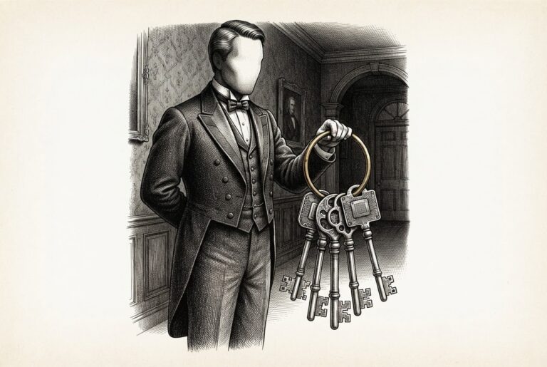 A monochrome pen-and-ink engraving of a faceless butler figure in a formal tailcoat, standing in a shadowy hallway and holding a ring of ornate keys where the heads are replaced with digital microchips.