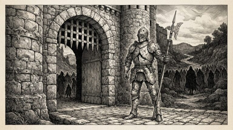 A guard at a fortress gate whose armor is visibly cracked and failing — the NAC layer compromised from within