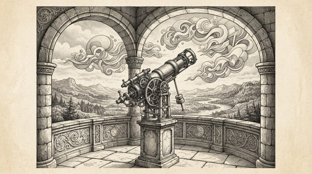A pen-and-ink engraving of a telescope mounted on an ornate observatory balcony, pointing through an arched stone window toward a wild untamed frontier landscape. Abstract shapes representing autonomous financial activity swirl freely beyond while the telescope has intricate mechanical details but no eyepiece connecting to any control mechanism - observation without execution.