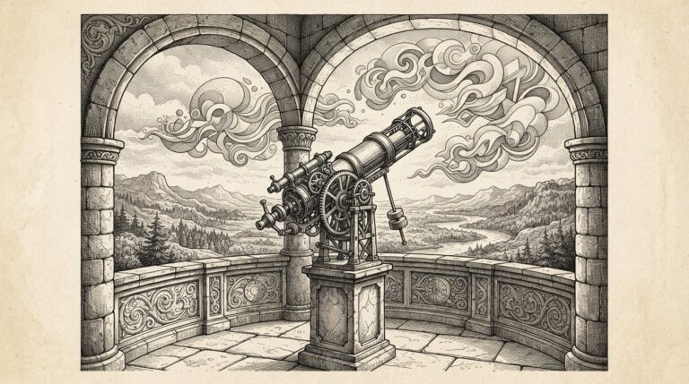 A pen-and-ink engraving of a telescope mounted on an ornate observatory balcony, pointing through an arched stone window toward a wild untamed frontier landscape. Abstract shapes representing autonomous financial activity swirl freely beyond while the telescope has intricate mechanical details but no eyepiece connecting to any control mechanism - observation without execution.