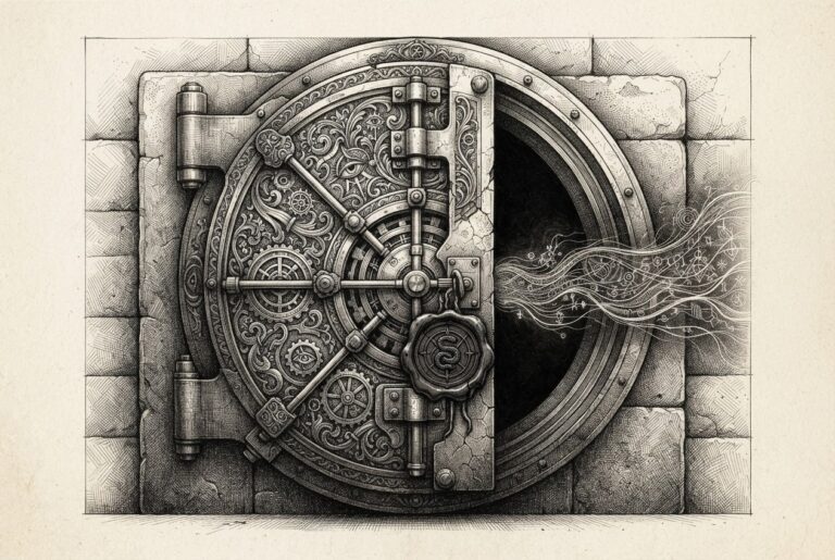 An engraved ornate vault door sealed with wax, slightly ajar with a thin channel of data flowing through the gap into the controlled interior - abstract emblem of a sealed management interface with a deserialization flaw.