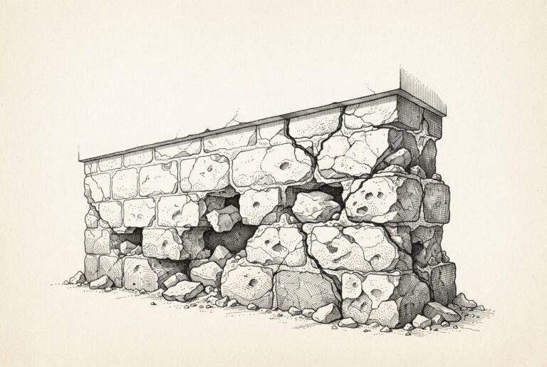 Monochrome engraving of a cracked masonry foundation wall visibly eroding - chunks of stone missing, deep fracture lines running through the mortar joints, surface crumbling at the edges - carrying the weight of a heavy structure above.