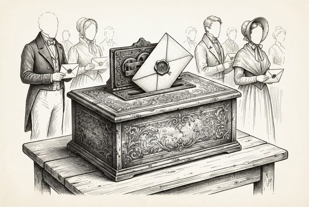A pen-and-ink engraving of an ornate wooden ballot box with a narrow slot, with faceless figures holding sealed envelopes waiting in line - an old formal gatekeeper mechanism being asked to process modern agents.