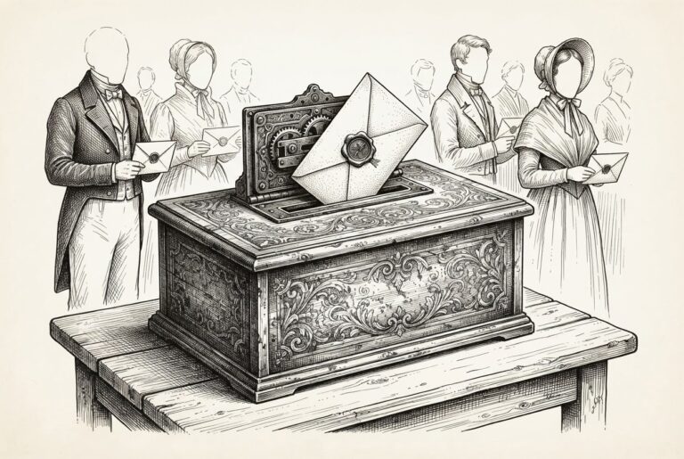 A pen-and-ink engraving of an ornate wooden ballot box with a narrow slot, with faceless figures holding sealed envelopes waiting in line - an old formal gatekeeper mechanism being asked to process modern agents.