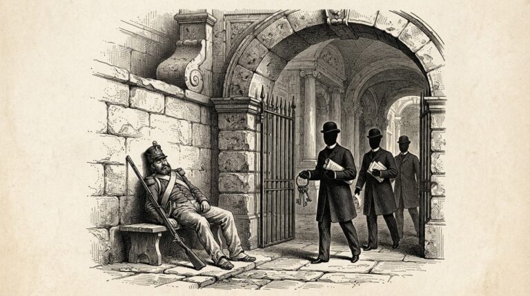 Monochrome engraving of a sleeping sentry at a classical stone archway, with faceless figures carrying keys and credential documents walking calmly through the unguarded gate