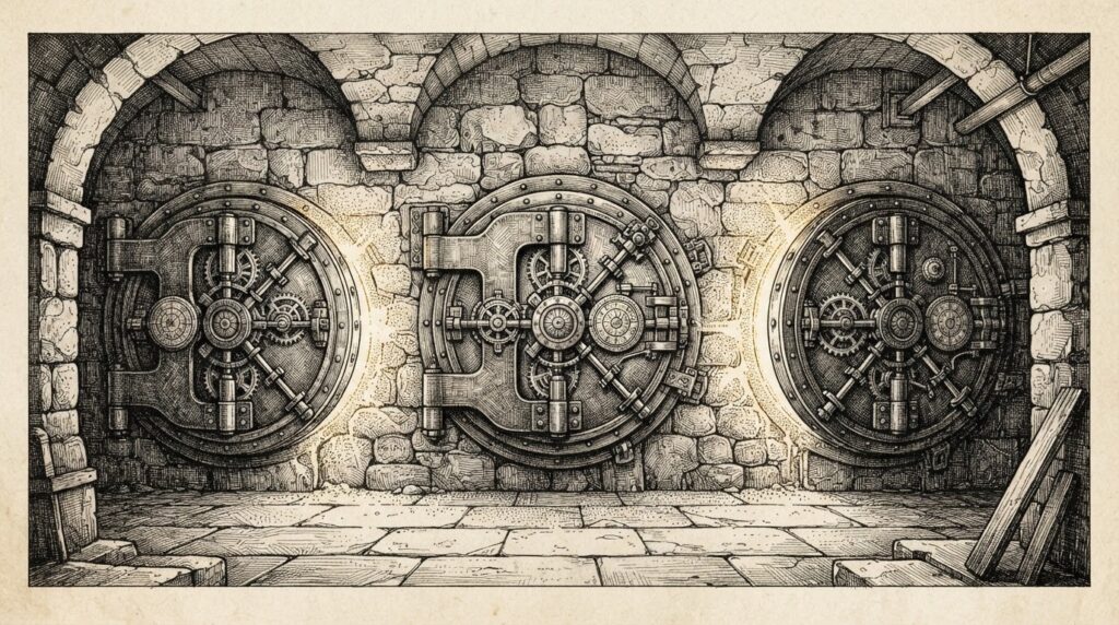 Three sealed vault doors built into a massive stone wall, each with elaborate locking mechanisms engaged, golden light leaking from behind - coordinated closure as market signal