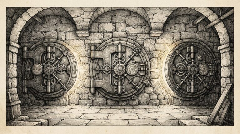 Three sealed vault doors built into a massive stone wall, each with elaborate locking mechanisms engaged, golden light leaking from behind - coordinated closure as market signal