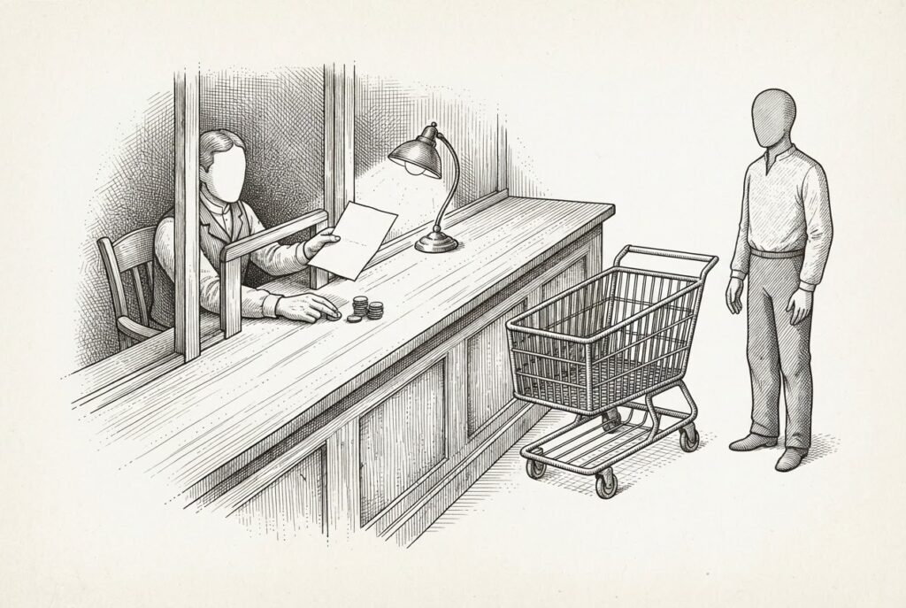 Monochrome pen-and-ink engraving of a long accounting counter dividing a scene: under a single lamp on the narrow back-office side, a faceless clerk receives one plain blank sheet of paper through a low wicket and pushes a small stack of coins forward, while in quieter light on the customer side an empty wire shopping cart stands untouched beside a faceless shopper with empty hands.