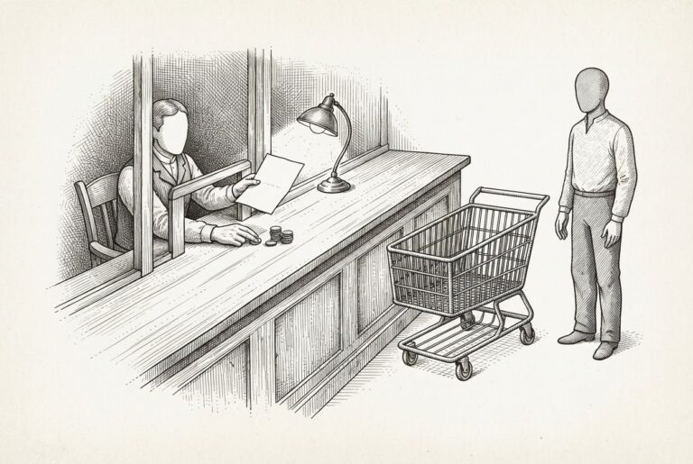 Monochrome pen-and-ink engraving of a long accounting counter dividing a scene: under a single lamp on the narrow back-office side, a faceless clerk holds out one plain blank sheet of paper at the low wicket and pushes a small stack of coins forward, while in quieter light on the customer side an empty wire shopping cart stands untouched beside a faceless shopper with empty hands.
