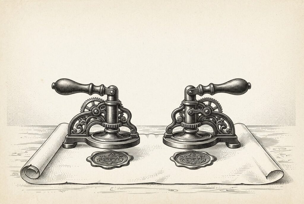 An engraved illustration of two identical wax seal presses producing the same impression side by side, symbolizing authentication bypass through identity duplication.