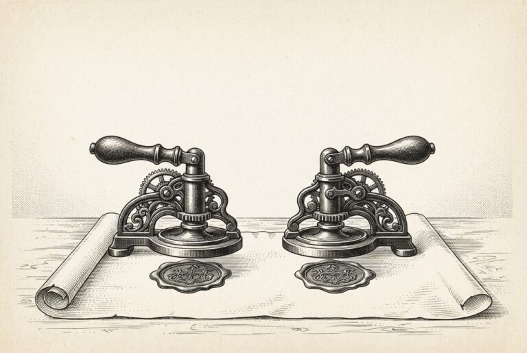 An engraved illustration of two identical wax seal presses producing the same impression side by side, symbolizing authentication bypass through identity duplication.