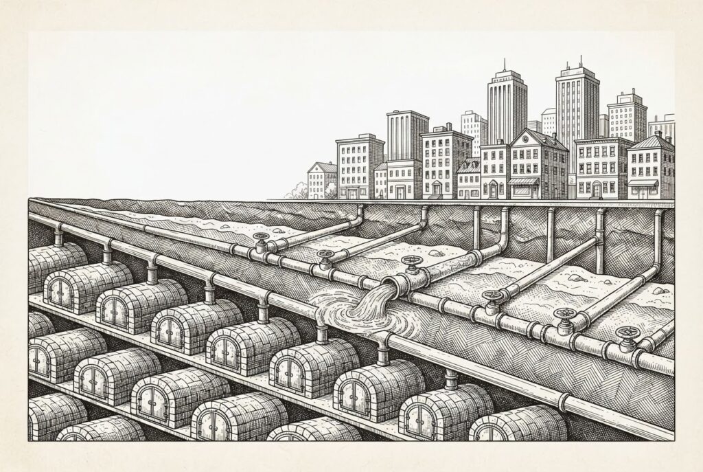 Pen-and-ink engraving of a cross-section showing underground sealed stone vaults in rows beneath a cityscape, with pipe connections running upward through the earth - one pipe flowing, most dry and capped
