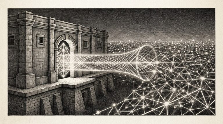 A bank's private network extending a glowing conduit outward to a public blockchain landscape, representing the bridge between JPMorgan's private deposit token infrastructure and the public Ethereum mainnet