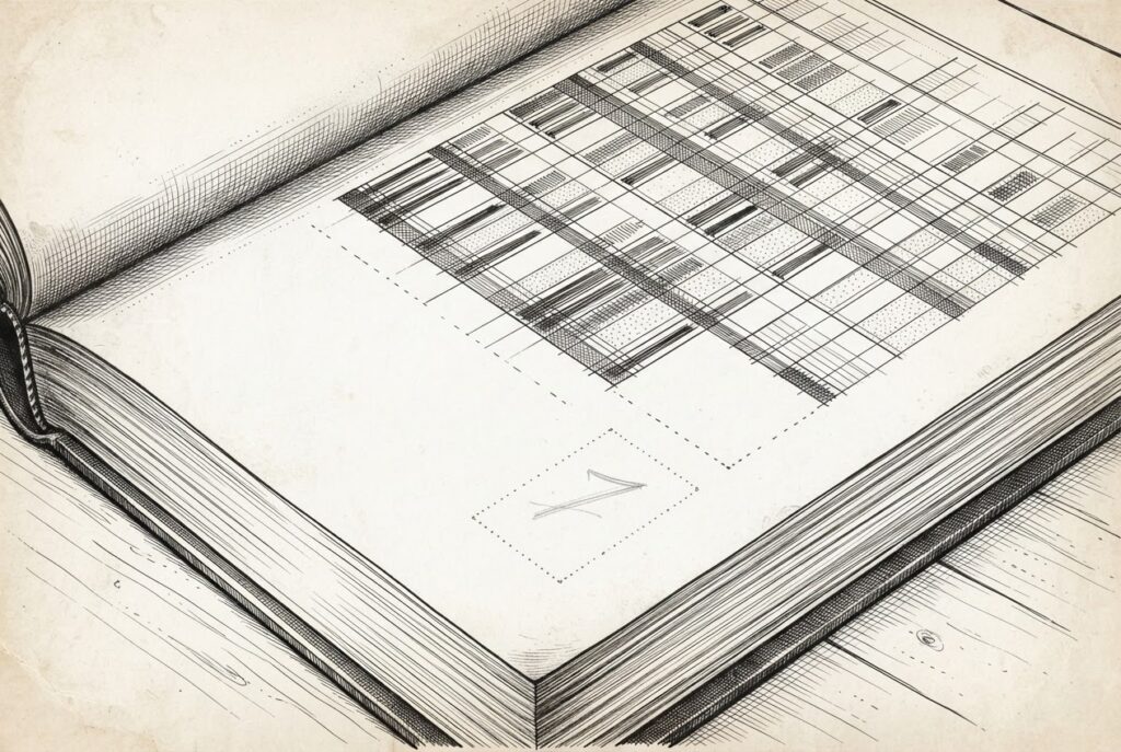 An ornate institutional account book lies open. The upper rows carry firm, confident inked entries in ruled columns. At the bottom, one new entry sits provisional and light inside a dotted rectangle, unruled and set apart from the column: a value recorded but a place not granted.