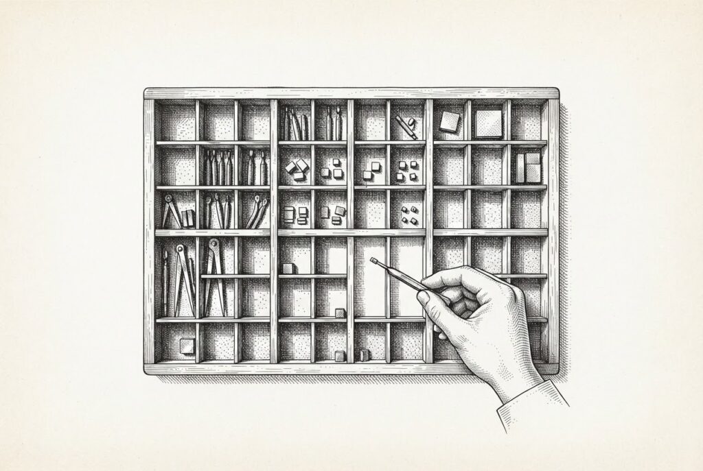 A pen-and-ink engraving of an engraver's type case with individual compartments organized in a grid, some containing small tools, others empty but bounded - the containment structure as the focal point, symbolizing the K8s sandbox as the declared unit of agent deployment.