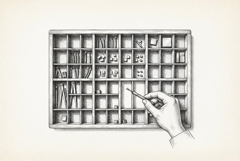 A pen-and-ink engraving of an engraver's type case with individual compartments organized in a grid, some containing small tools, others empty but bounded - the containment structure as the focal point, symbolizing the K8s sandbox as the declared unit of agent deployment.