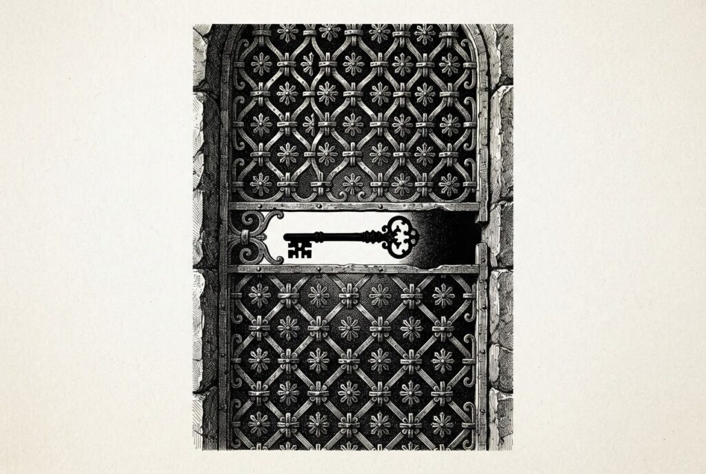 An engraved iron-wrought grille with an asterisk pattern; a single ornate key is slipping through a gap in the metalwork - abstract emblem of a masked security boundary failure.