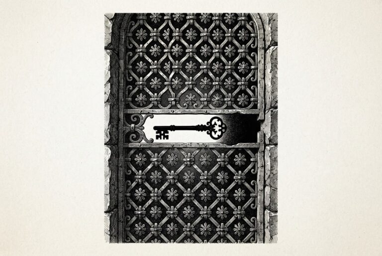 An engraved iron-wrought grille with an asterisk pattern; a single ornate key is slipping through a gap in the metalwork - abstract emblem of a masked security boundary failure.