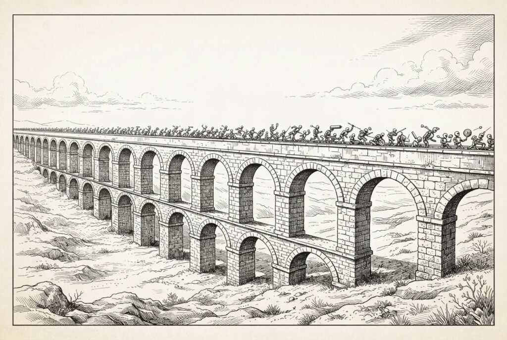 A classical Roman aqueduct with arched stone spans, repurposed to carry streams of small autonomous agent figures instead of water — established infrastructure channeling new purpose.