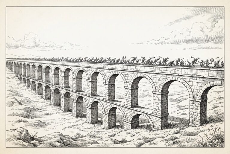 A classical Roman aqueduct with arched stone spans, repurposed to carry streams of small autonomous agent figures instead of water — established infrastructure channeling new purpose.