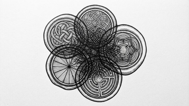 Five engraved seal plates pressing onto a single sheet of paper, each with different geometric patterns, their overlapping impressions creating interference at the center where no clean mark forms - five parallel identity systems converging on the same problem but producing fragmentation rather than a unified standard.