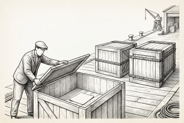 Three industrial shipping crates on a dock. Two are sealed shut. A faceless dock worker pries open the third to find it empty - a single blank sheet of paper sits at the bottom.