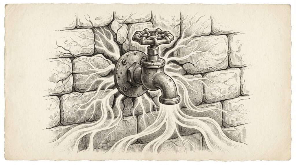 A mechanical water valve embedded in a stone wall with streams of liquid pouring through cracks in the masonry rather than through the valve opening, representing the exploitation of a trusted control mechanism