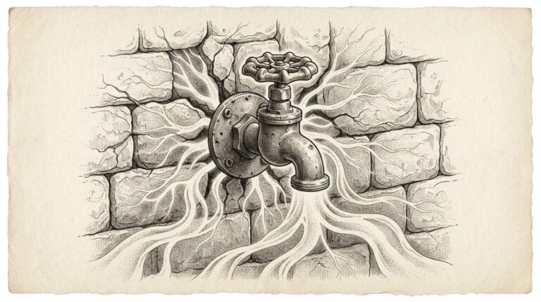 A mechanical water valve embedded in a stone wall with streams of liquid pouring through cracks in the masonry rather than through the valve opening, representing the exploitation of a trusted control mechanism