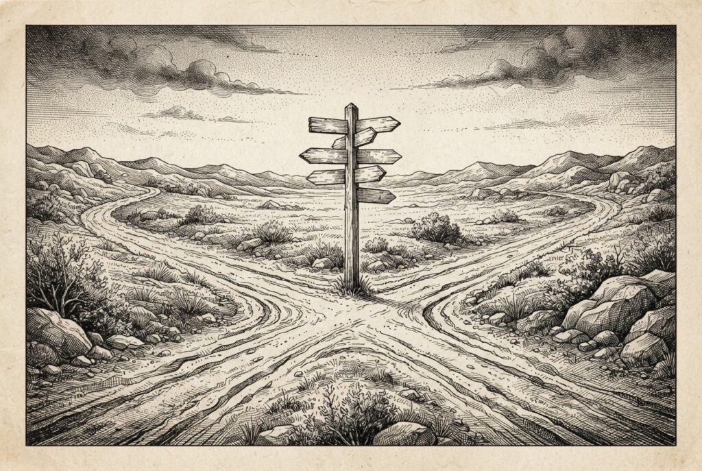 Engraved illustration of two contrasting roads meeting at an empty crossroads with a signpost but no destination.