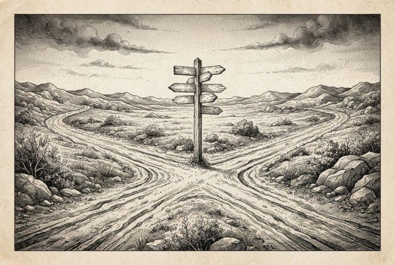 Engraved illustration of two contrasting roads meeting at an empty crossroads with a signpost but no destination.