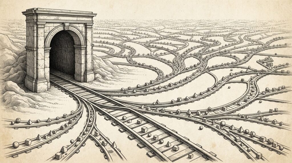 A stone tunnel whose tracks branch into a labyrinth, geometric tokens riding the rails.