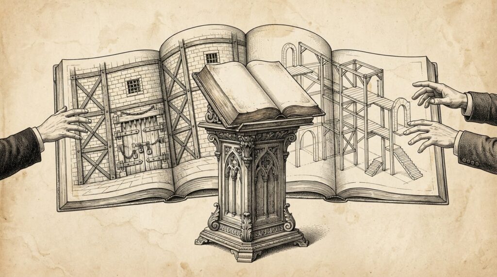 A single ornate antique wooden lectern with an open book whose pages split into two distinct architectural blueprints diverging left and right - one showing orderly locked infrastructure with heavy bolts, the other showing open frameworks with unguarded entry points - representing competing visions of AI safety governance