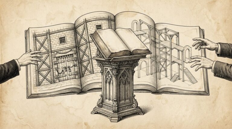 A single ornate antique wooden lectern with an open book whose pages split into two distinct architectural blueprints diverging left and right - one showing orderly locked infrastructure with heavy bolts, the other showing open frameworks with unguarded entry points - representing competing visions of AI safety governance