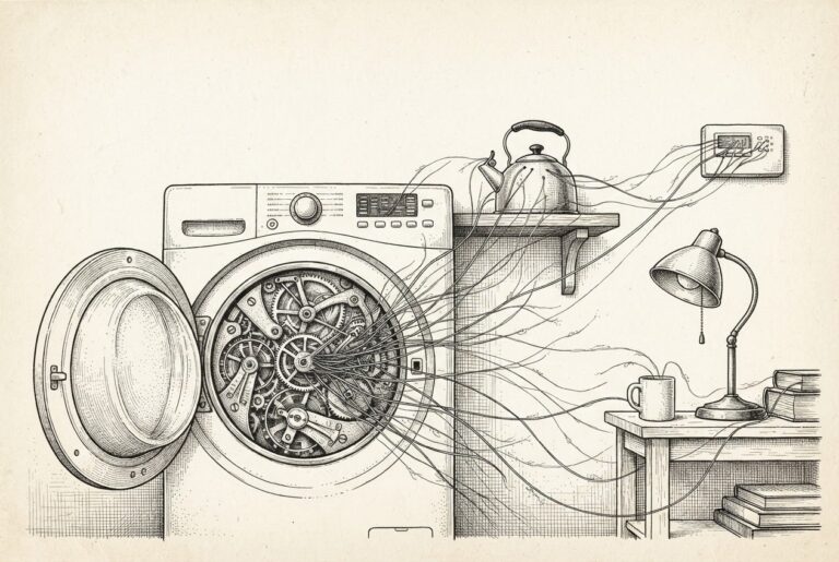 Pen-and-ink engraving of a washing machine with its drum open, revealing an intricate clockwork mechanism inside, with fine threads extending outward to connect to a kettle, lamp, and thermostat - intelligence embedded in the appliance itself.