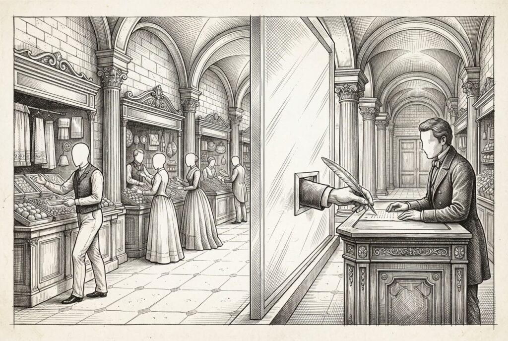 Monochrome pen-and-ink engraving of a classical marketplace hall divided by a thick glass wall. Faceless figures browse vendor stalls freely on the left. On the right, a human hand reaches through a narrow slot in the glass to sign a receipt on an ornate counter. The architecture separates discovery from payment.