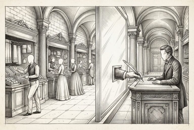 Monochrome pen-and-ink engraving of a classical marketplace hall divided by a thick glass wall. Faceless figures browse vendor stalls freely on the left. On the right, a human hand reaches through a narrow slot in the glass to sign a receipt on an ornate counter. The architecture separates discovery from payment.
