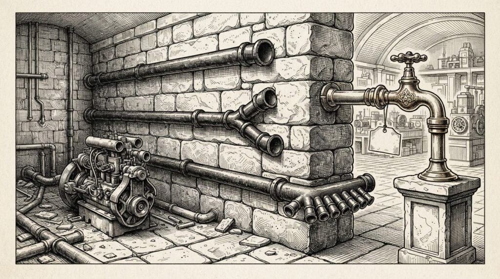 Monochrome pen-and-ink engraving of three open pipes passing through a stone wall from a bare engine on the ground to an ornate faucet with a price tag on the far side, representing free serving infrastructure beneath paid managed tiers.