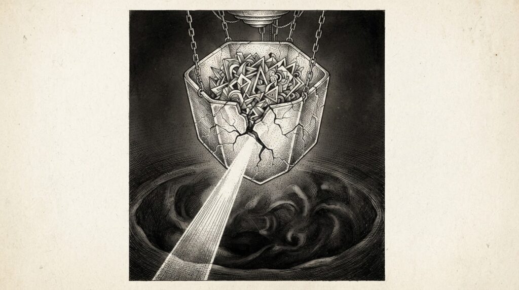 A cracked crystal vessel suspended above darkness with a single beam of light piercing through the crack - allegory for the unauthenticated cache breach in LLM inference infrastructure