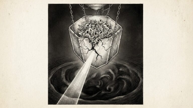 A cracked crystal vessel suspended above darkness with a single beam of light piercing through the crack - allegory for the unauthenticated cache breach in LLM inference infrastructure