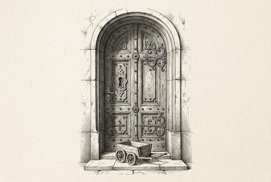 Monochrome pen-and-ink engraving: a tall ornate door with its keyhole plate mounted far above reach, a small unmanned cart waiting motionless at the base of the threshold, no hand present to lift a key — the door was built for someone who never arrives.