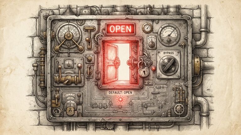 A locked control panel with a visible DEFAULT: OPEN indicator, representing the agent orchestration layer with its authentication bypassed by default. Monochrome pen-and-ink engraving.
