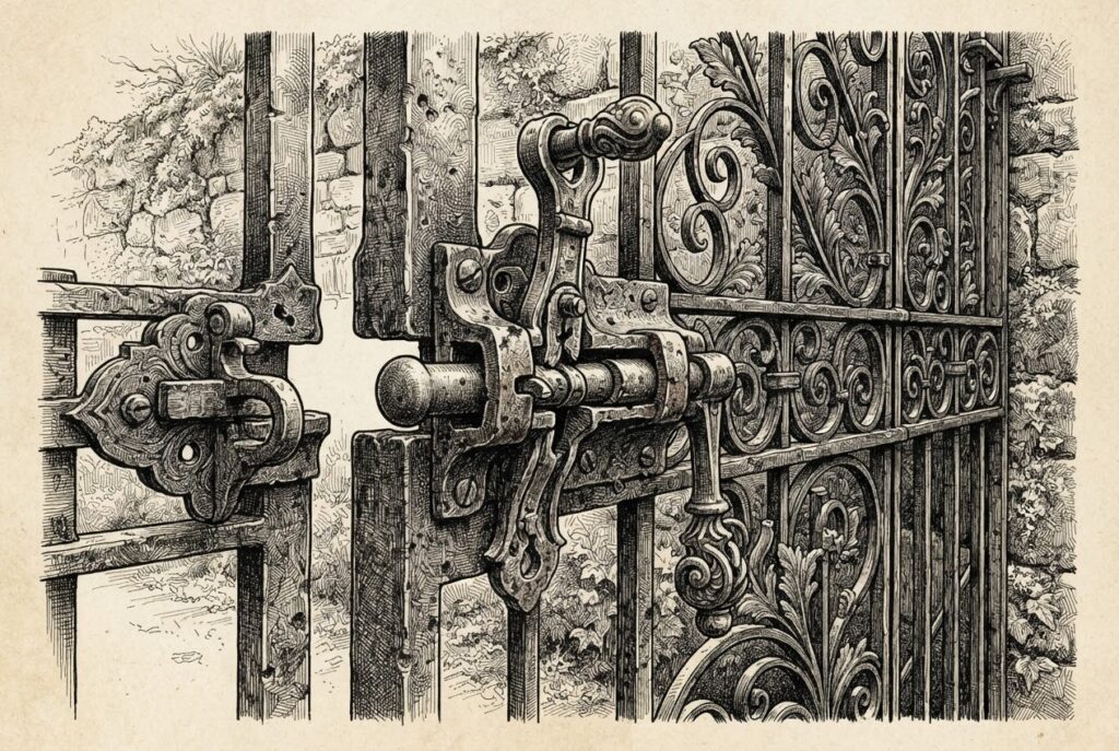 A mechanical gate latch jammed in the raised open position, symbolizing an authentication boundary that fails open when the error handler becomes the session creator.