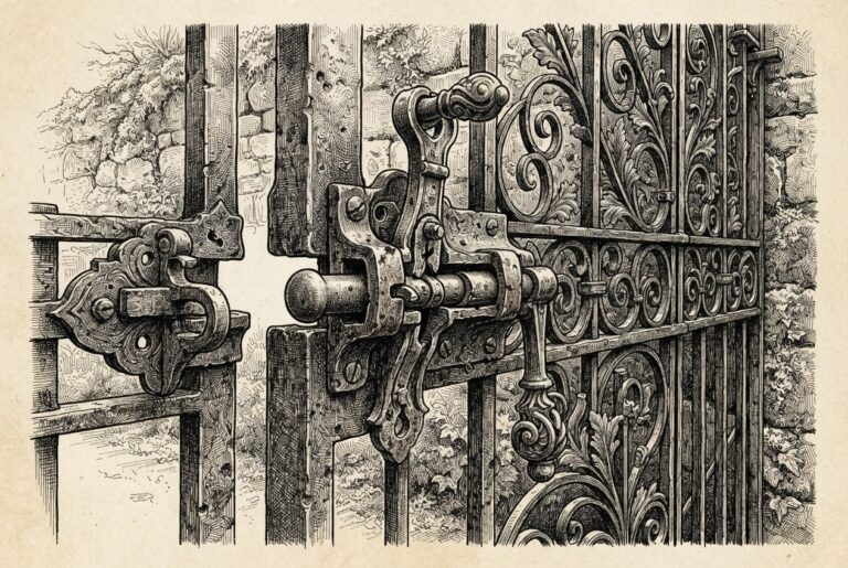 A mechanical gate latch jammed in the raised open position, symbolizing an authentication boundary that fails open when the error handler becomes the session creator.